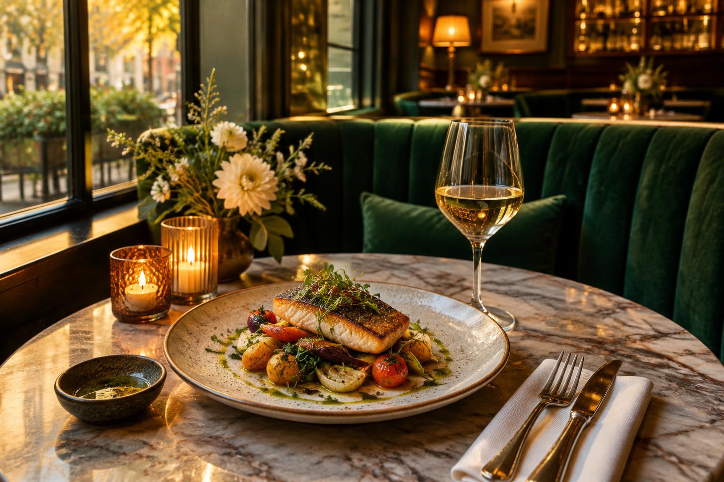 Seasonal dining in a velvet-lined bistro